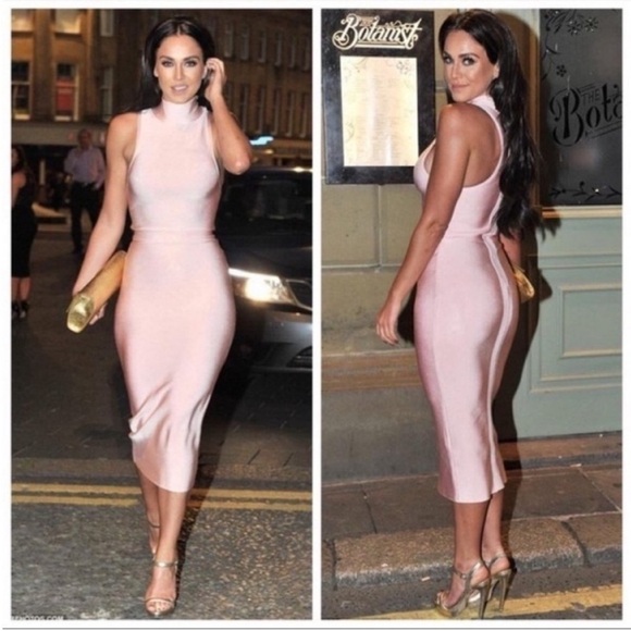 House Of CB Rei High Neck Bodycon Bandage Midi Dress Blush Pink - Picture 1 of 10